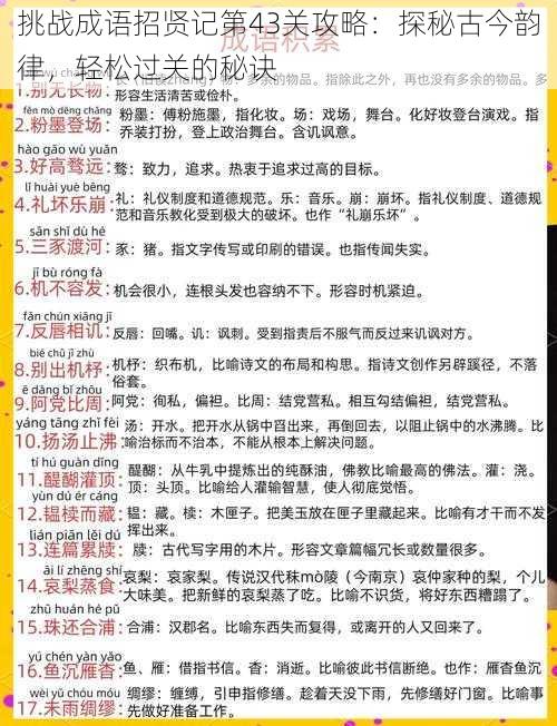 挑战成语招贤记第43关攻略：探秘古今韵律，轻松过关的秘诀