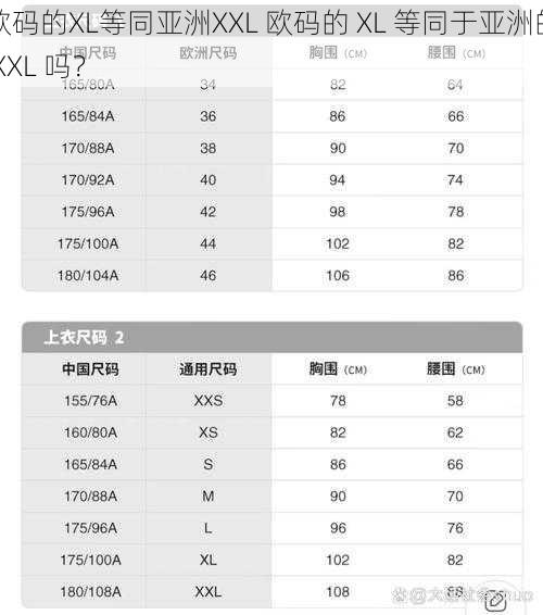 欧码的XL等同亚洲XXL 欧码的 XL 等同于亚洲的 XXL 吗？