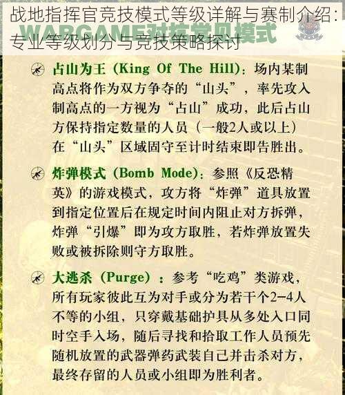 战地指挥官竞技模式等级详解与赛制介绍：专业等级划分与竞技策略探讨